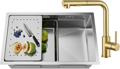 CECIPA max Spoelbak RVS 70x44CM - Spoelbak Keuken Met Goud Keukenkraan met Uittrekbare Uitloop - Multifunctionele Spoelbak - Spoelbak Met Afdruiprek - Spoelbakken Keuken - Wasbak Keuken - RVS
