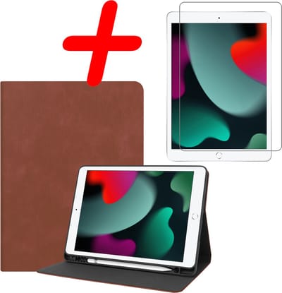 Hoesje Geschikt voor Apple iPad 7 (2019) - 10.2 inch - 7e Generatie - Met Screenprotector - Luxe Bookcase - Hard Cover Case - Met Uitsparing Geschikt voor Apple Pencil - Hardcover Book Tablet Hoes - Bruin