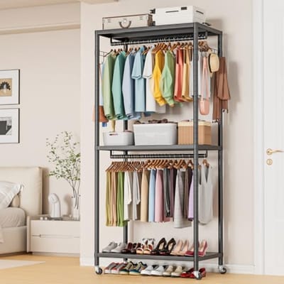 Dubbele Kledingrek met Verstelbare Planken - Heavy Duty Rollend - Metalen Opbergrek 90x40x200 cm