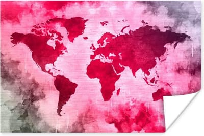 Poster 30x20 cm - Wereldkaart - Rood - Zwart - Posters - Kamer decoratie - Wanddecoratie woonkamer - Muurdecoratie slaapkamer