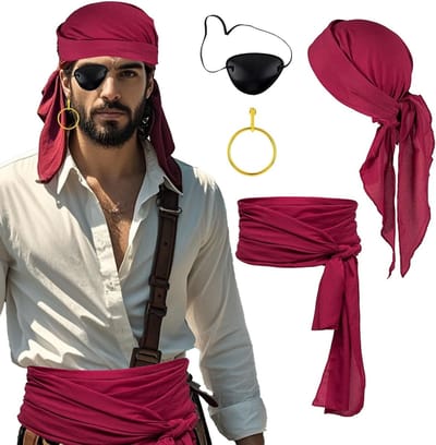 Piratenkostuum Set met Accessoires voor Volwassenen en Kinderen, Inclusief Hoofddoek, Ooglapje en Sjaal voor Carnaval, Halloween en Feestjes