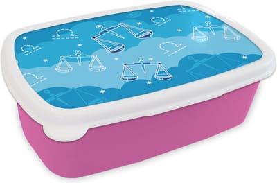 Broodtrommel Roze - Lunchbox - Brooddoos - Weegschaal - Patroon - Zodiac - 18x12x6 cm - Kinderen - Meisje