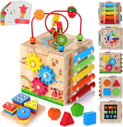 8-in-1 motoriek kubus voor baby en peuter - Activiteitenkubus met kralenlabyrint, vormen sorteerder en woordkaarten - Educatief Montessori-speelgoed vanaf 18 maanden