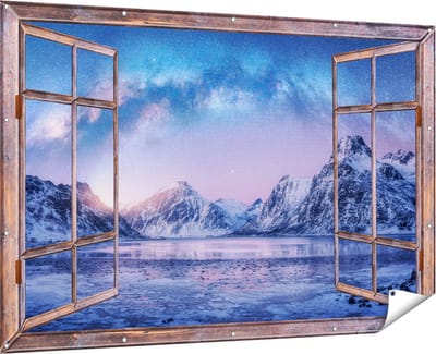 Gards Tuinposter Doorkijk Melkweg bij de Besneeuwde bergen - 180x120 cm - Tuindoek - Tuindecoratie - Wanddecoratie buiten - Tuinschilderij