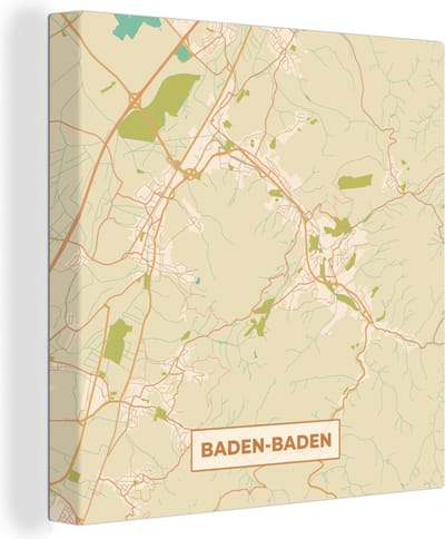 Canvas Schilderij Plattegrond - Baden-Baden - Vintage - Stadskaart - Kaart - 20x20 cm - Wanddecoratie
