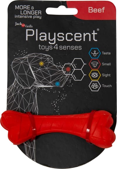 Jack And Vanilla hondenspeelgoed - Lengte 11cm - Kauwbot - Kauwbot hond - Hondenspeelgoed - Puppyspeelgoed - Honden speelgoed - Playscent Been - Rund - Rood
