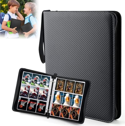 Kaartalbum met keperstof en mesh-patroon - Waterdicht PU-leren kaartalbum - Geschikt voor voetbal-/honkbalkaarten - Premium kaartalbum met ritssluiting - 9 kaartsleuven - 50 transparante binnenpagina's (geschikt voor 900 kaarten) - Zwart