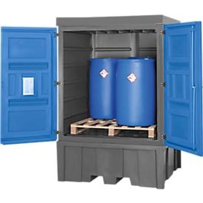 Opslagplaats voor gevaarlijke stoffen, polyetheen, inrijvakken, B 1560 x D 1550 x H 2330, voor 4 vaten à 200 l