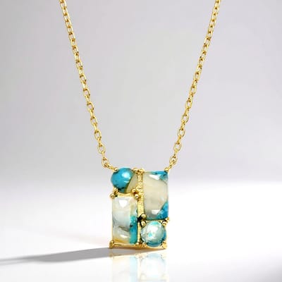 Cavill - Zilveren Vergulde Halsketting - 925 Sterling Zilver - 2 95 ct Turquoise Mozaiek Antiek Cabochon - Elegante Dames Ketting 45 cm