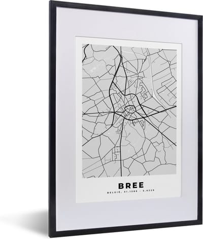 Fotolijst incl. Poster Zwart Wit- Stadskaart – Plattegrond – België – Zwart Wit – Bree – Kaart - 30x40 cm - Posterlijst