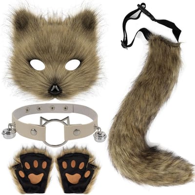 Faux Fur Furry Tail en Masker met Handschoenen voor Halloween en Cosplay Kostuum Accessoire