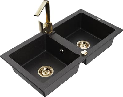 Mexen Mario granieten gootsteen met 2 kamers en keukenmengkraan Rita, zwart/zilver metallic - 6504-73-670300-50
