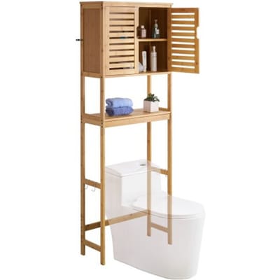 VEVOR Toiletkast Badkamerkast met dubbele deur en verstelbare plank, ruimtebesparende 3-laags badkamerkast boven het toilet met open plank, 65x27x175 cm Opbergkast Natuurlijk