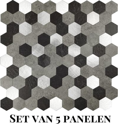 Wallways Wandpanelen - Plaktegels - Set van 5 Tegels - Tegelsticker - Zelfklevende Tegels - 4MM dik - Aluminium toplaag - Waterdicht - Krasbestendig - Hittebestendig - 3M Kleeflaag - Hexagon Zilver/Zwart