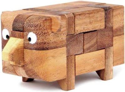 Houten Puzzel - 3D Varkentje - Hersenen Trainen - 13 Delen - 12 x 7 x 6 cm - Houtkleur