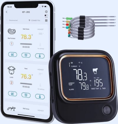 Thuys – Bluetooth & Wi-Fi BBQ – Vleesthermometer – Met 4 Sondes – Temperatuuralarm – Timer En Oplaadbare USB