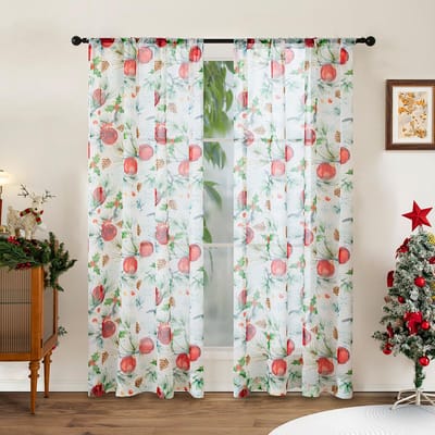 2-delige kerstdagdecoratie diamantruit en rode vruchten semi-transparante gordijnen en raamschermen, geschikt voor woonkamer, 132x160cm&Fixed Pleat white