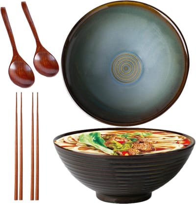 Set van 2 Keramische Noodlekommen met Lepels en Eetstokjes in Vintage Groen voor Soepen en Salades