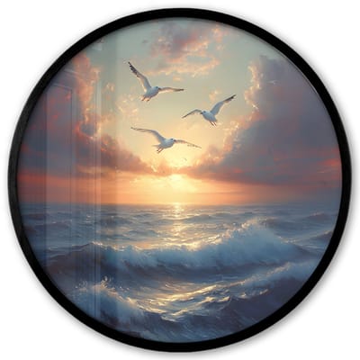 Poster in lijst Rond - Fotolijst 40x40 cm - Posters - Meeuwen - Zonsondergang - Zee - Wolken - Ronde posterlijst zwart - Decoratie - Wanddecoratie woonkamer - Muurdecoratie slaapkamer
