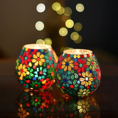 Set van 2 Theelicht Kaarshouders - Marokkaanse Mozaïek Glas - Sfeerdecoratie Woonkamer & Slaapkamer