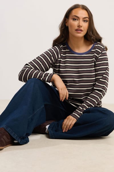 Yours Bruine Gestreepte Lange Mouw Ringer Top Size 42