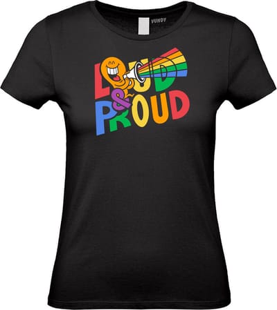 Dames T-shirt Loud & Proud | Gay pride shirt kleding | Regenboog kleuren | LGBTQ | Zwart dames | maat XS