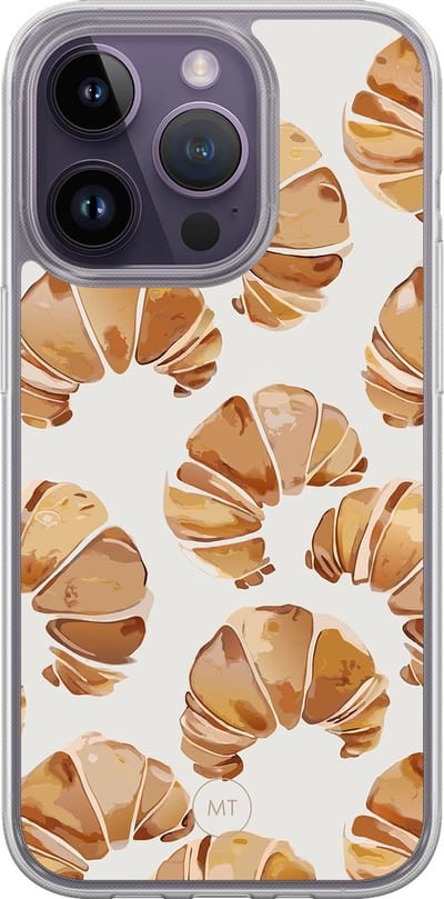 Hybride hoesje geschikt voor iPhone 14 Pro - Croissant - Extra bescherming - Luxe beschermhoes - TPU case - Transparant, Bruin - Mooie Telefoonhoesjes