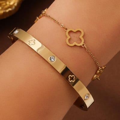 Ensemble de 2 bracelets trèfle porte-bonheur français pour femmes Acier inoxydable de haute qualité INS Bracelet breloque Bijou de sentiment Cadeau brown
