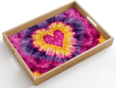 Dienblad hout 50x35 cm - Schootdienblad - Tie dye - Hartvorm - Vlammen - Oranje - Borrelplank rechthoek - Plateau dienbladen