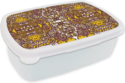 Broodtrommel Wit - Lunchbox - Brooddoos - Patroon - Azteken - Mexico - 18x12x6 cm - Volwassenen