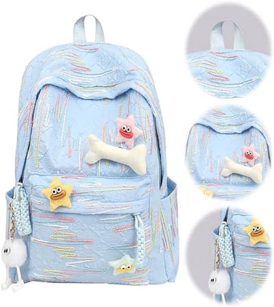 KZQ Schattige Y2K rugzak met sterrenaccessoires en pluche hangers nylon 30x14x40 cm voor meisjes basisschool en middelbare school blauw