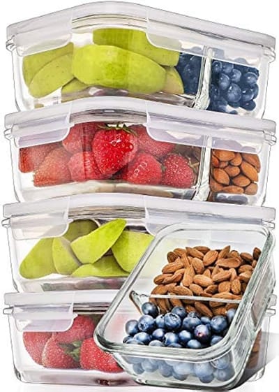 Famanu - 5 stuks Luchtdicht glazen voedselcontainers met deksels – glazen maaltijdbereidingscontainers bpa-vrij – glazen lunchbox (880 ml – 1 vak)