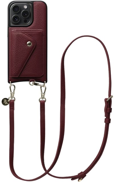 AVY Leren Hoesje geschikt voor Apple iPhone 15 Pro Max | Met Koord en Magnetische Kaarthouder | Compatibel met MagSafe | Leather Case met 130CM Koord & Wallet | Long Leather | Burgundy