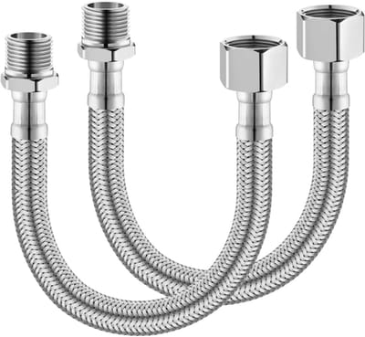 Set van 2 flexibele slangen 3/8 inch met draaikoppeling en mannelijke draad, roestvrijstalen omhulsel, sanitaire verbinding en DN8 aansluitingen voor diverse toepassingen