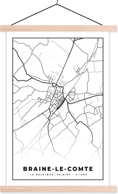 Posterhanger incl. Poster 40x60 cm - Schoolplaat - Stadskaart – Plattegrond – België – Zwart Wit – Braine le Comte – Kaart - Textielposter - Blanke latten - Stadskaart