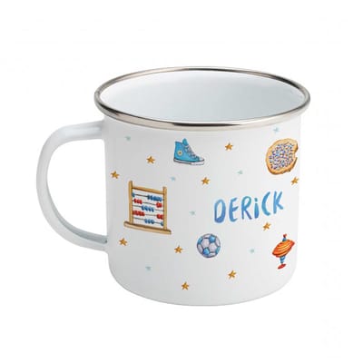 World of Mies emaille mok met naam - Giraf mama en baby - Blauw jongen - Gepersonaliseerde drinkbeker - kraamcadeau - dieren in aquarel - Geschilderd door Mies