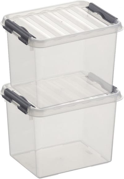 2x sunware q-line opberg box/opbergdoos - 3 liter - 20 x 15 x 14 cm - kunststof - opslagbox - transparant/zilver