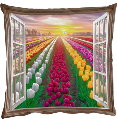 Sierkussens - Kussentjes Woonkamer - 50x50 cm - Doorkijk - Bloemen - Tulpen - Kleurrijk - Zonsondergang