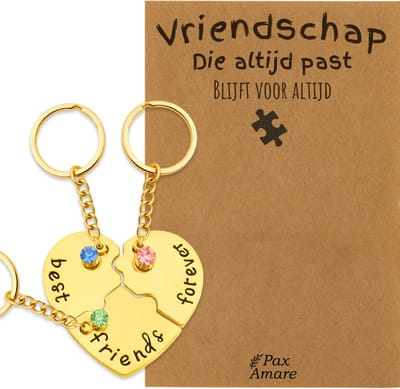 BFF Sleutelhanger voor 3 'Vriendschap die altijd past' - Hartje Puzzelstukjes & Kristal - Sleutelhanger set op Cadeau Kaartje - Goudkleurig - Vriendschap Symbool - Pax Amare