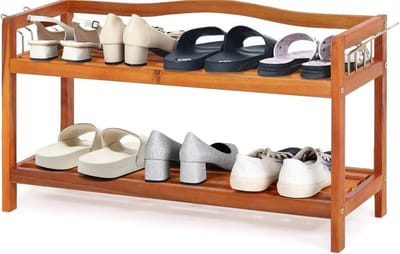 KOMFOTTEU Schoenenrek, hout, schoenenstandaard, ruimtebesparend met 4 metalen zijhaken, schoenenrek met draagvermogen van 20 kg per niveau, schoenenkast hal, woonkamer, slaapkamer (2 niveaus)