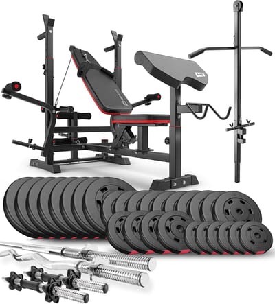 Hop-Sport HS-1075 – Verstelbare Halterbank Krachtstation – Incl. Lange Halterstang en Curlstang – Met Dumbbells en Gewichten 75–173 kg – Met Lat Pulldown 165 kg