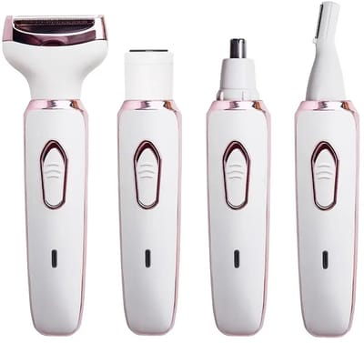 4-in-1 Scheerapparaat voor Dames – Oplaadbare Body Shaver + Precisietrimmer, Oor/Neushaar en Wenkbrauwtrimmer – Voor een complete en perfecte Lichaamshaar verzorging - Kleur Wit/Roze