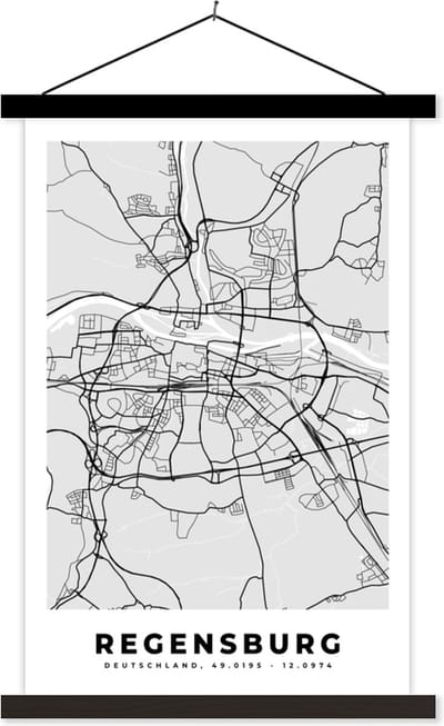Posterhanger incl. Poster 40x60 cm - Schoolplaat - Duitsland - Stadskaart - Plattegrond - Regensburg - Kaart - Textielposter - Zwarte latten - Stadskaart
