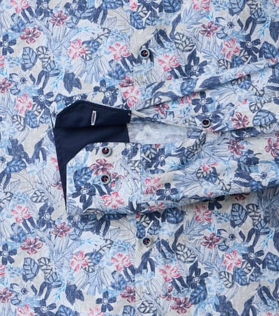 VENTI modern fit overhemd - popeline - blauw met rood en wit bloemen dessin - Strijkvrij - Boordmaat: 40