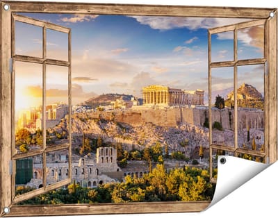 Gards Tuinposter Doorkijk Akropolis van Athene, Griekenland - Architectuur - 90x60 cm - Tuindoek - Tuindecoratie - Wanddecoratie buiten - Tuinschilderij
