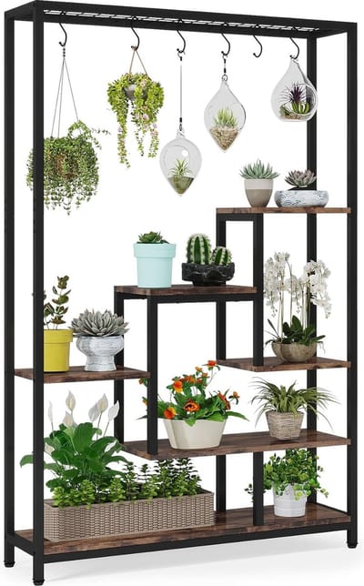 Tribesigns Plantenrek - Plantenstandaard - Plantenrek voor binnen - Plantenrek met 5 niveaus en 6 S-haken - Bruin/Zwart - 100 x 30 x 180 cm