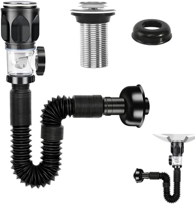 Basin Drain Set, Odor Proof Siphon, Basin Set, Sink Drain Set, Drain with Retractable Flexible Drain Pipe and Pop Up Drain Plug for Bathroom, Kitchen