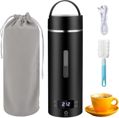 Portable Waterkoker - Kleine Draagbare Wwaterkoker - Roestvrij Staal van Klasse 316 - 500 ml - Geïntegreerde Opbergtas en Bekerborstel - Elektrische Mini-heetwaterdispenser - Zwart