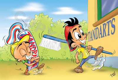 POSTER Cartoon - Tandarts, Mondhygiënist, Orthodontist - Grote tandenborstel - 42 x 59,4 cm (A2) door Roland Hols