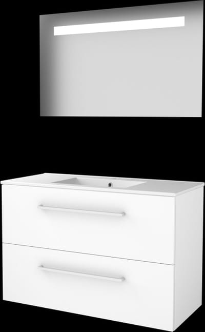 Basic-Line Economic 46 Badkamermeubelset - 100 x 46 cm - Met Grepen - 2 Lades - Keramische Wastafel - 1 Kraangat - Spiegel met LED Verlichting - Ice White